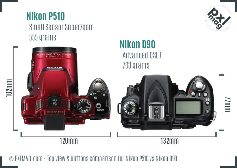 Nikon P510 vs Nikon D90 top view buttons comparison Nikon P510 vs Nikon D90 top view buttons comparison