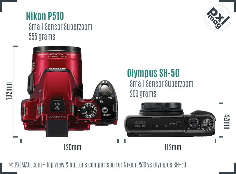 Nikon P510 vs Olympus SH-50 top view buttons comparison