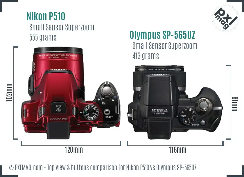 Nikon P510 vs Olympus SP-565UZ top view buttons comparison