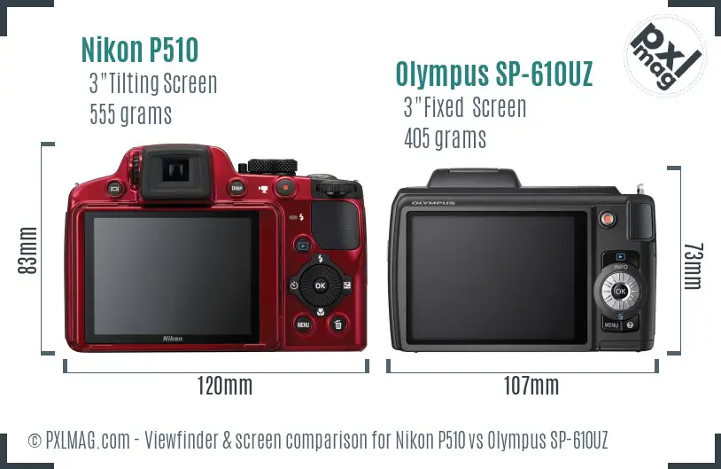 Nikon P510 vs Olympus SP-610UZ Screen and Viewfinder comparison