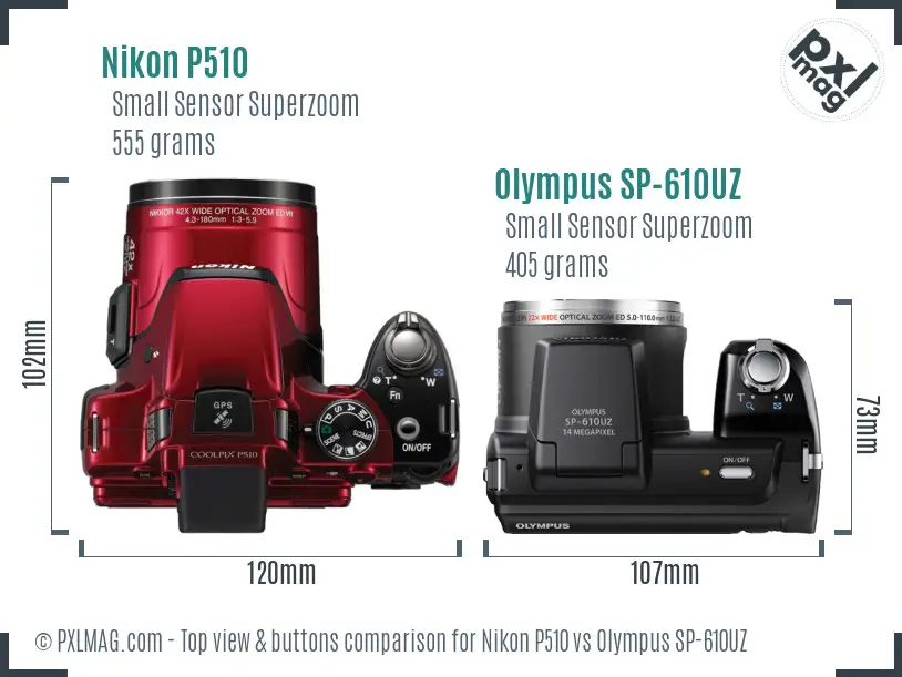 Nikon P510 vs Olympus SP-610UZ top view buttons comparison