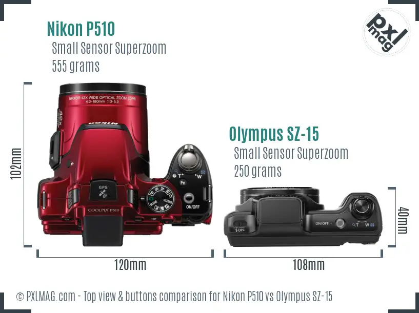 Nikon P510 vs Olympus SZ-15 top view buttons comparison Nikon P510 vs Olympus SZ-15 top view buttons comparison