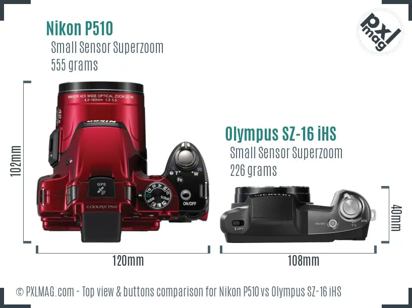 Nikon P510 vs Olympus SZ-16 iHS top view buttons comparison Nikon P510 vs Olympus SZ-16 iHS top view buttons comparison