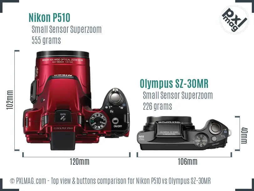 Nikon P510 vs Olympus SZ-30MR top view buttons comparison