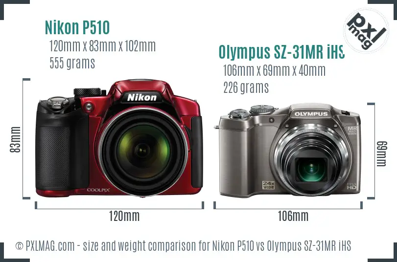 Nikon P510 vs Olympus SZ-31MR iHS size comparison