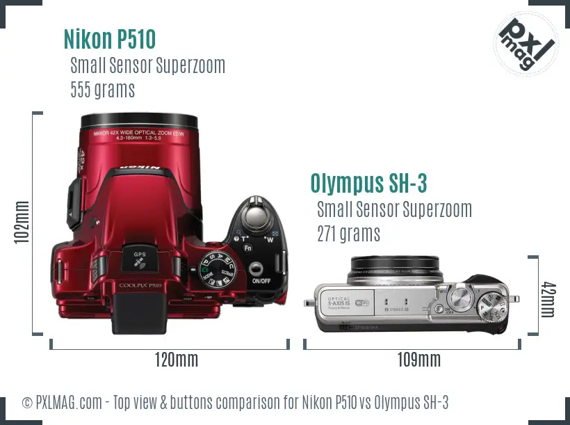Nikon P510 vs Olympus SH-3 top view buttons comparison