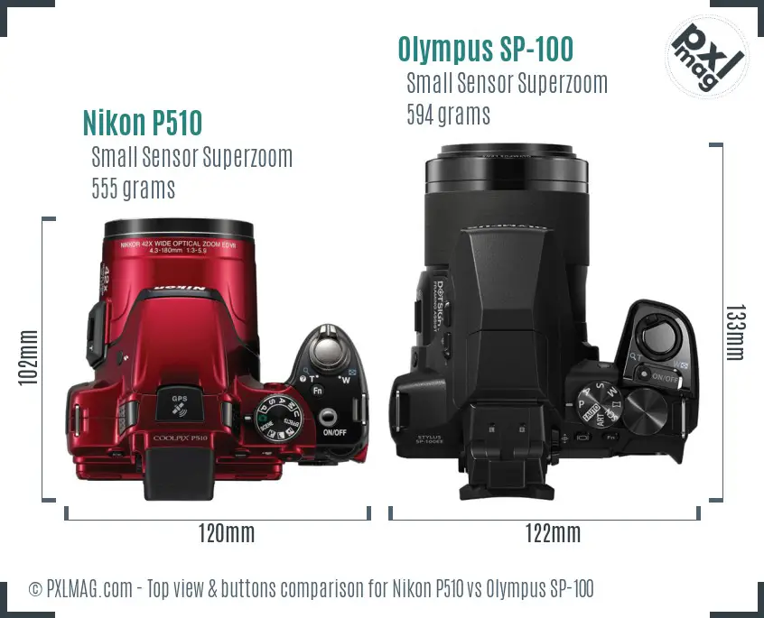 Nikon P510 vs Olympus SP-100 top view buttons comparison