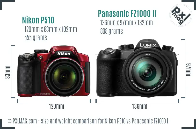 Nikon P510 vs Panasonic FZ1000 II size comparison