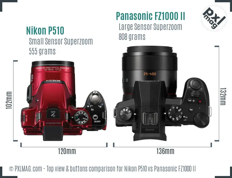 Nikon P510 vs Panasonic FZ1000 II top view buttons comparison