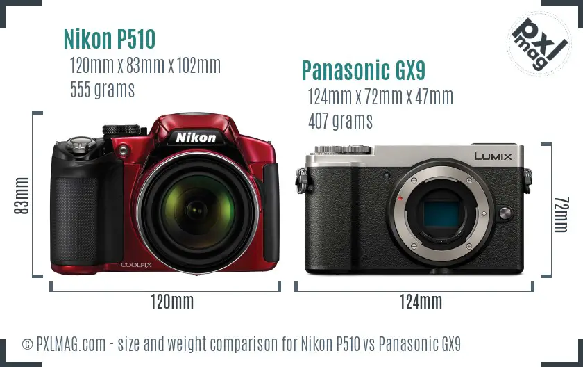 Nikon P510 vs Panasonic GX9 size comparison Nikon P510 vs Panasonic GX9 size comparison