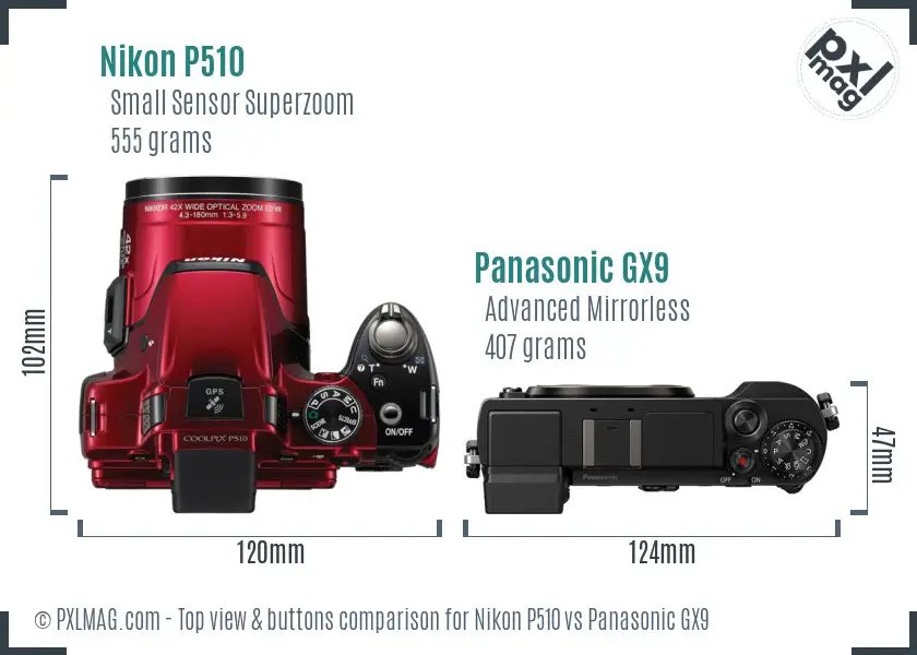 Nikon P510 vs Panasonic GX9 top view buttons comparison Nikon P510 vs Panasonic GX9 top view buttons comparison