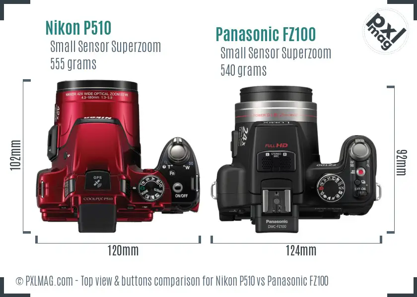 Nikon P510 vs Panasonic FZ100 top view buttons comparison