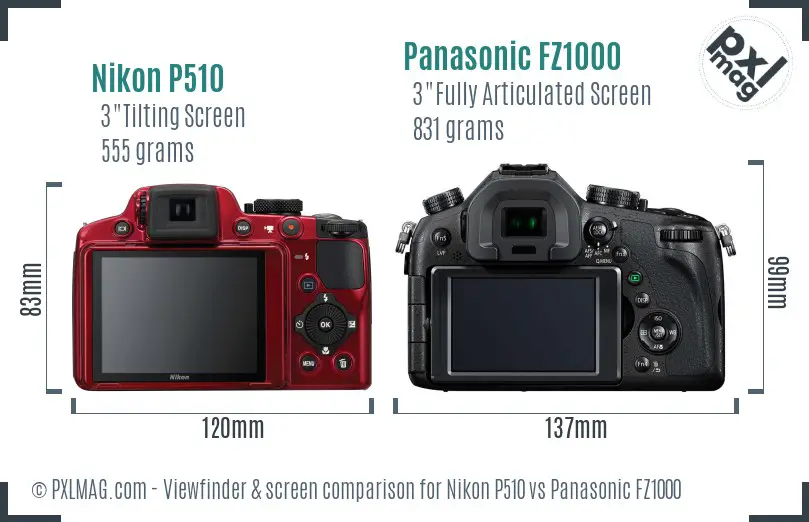 Nikon P510 vs Panasonic FZ1000 Screen and Viewfinder comparison