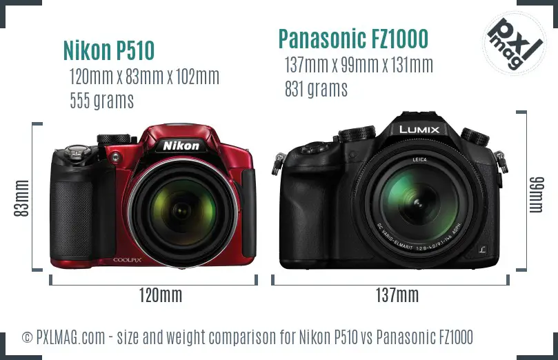 Nikon P510 vs Panasonic FZ1000 size comparison