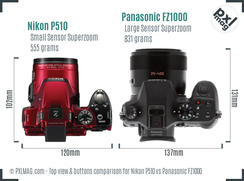 Nikon P510 vs Panasonic FZ1000 top view buttons comparison