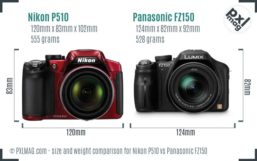 Nikon P510 vs Panasonic FZ150 size comparison