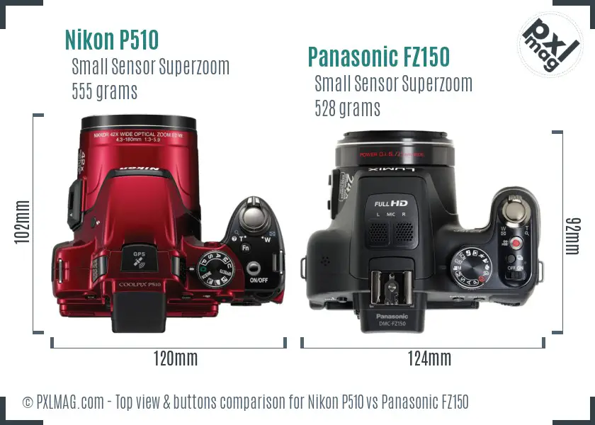 Nikon P510 vs Panasonic FZ150 top view buttons comparison