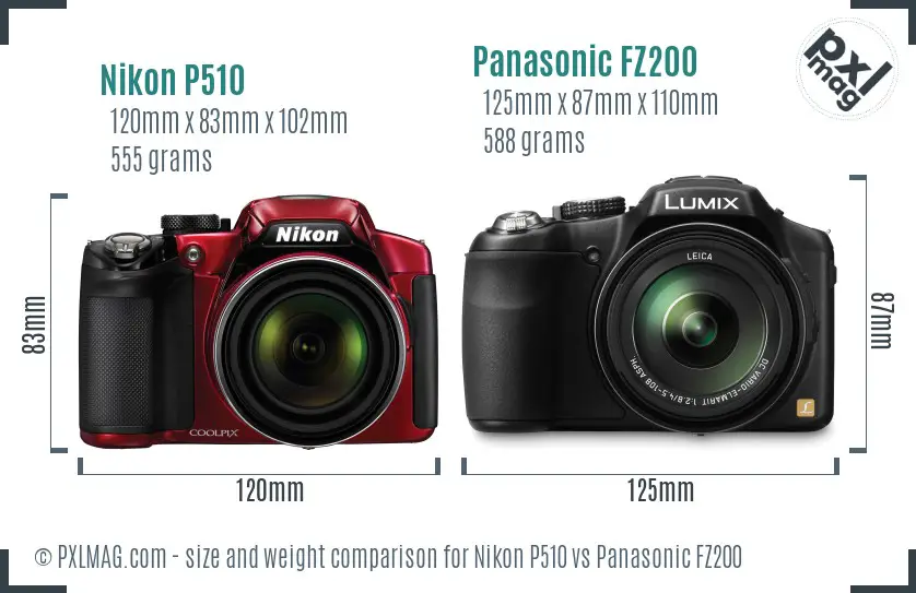 Nikon P510 vs Panasonic FZ200 size comparison