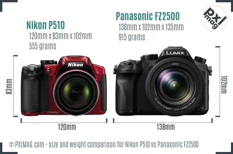 Nikon P510 vs Panasonic FZ2500 size comparison