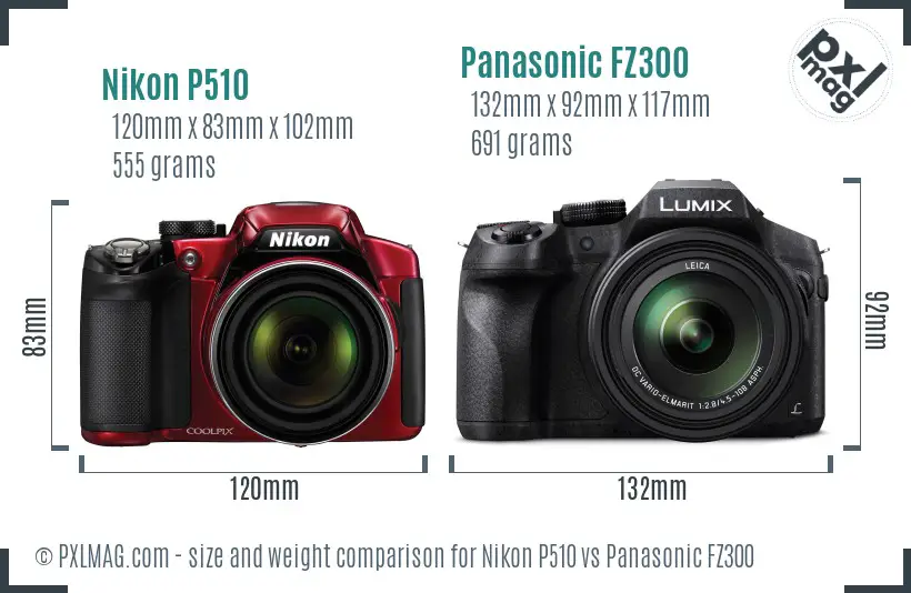 Nikon P510 vs Panasonic FZ300 size comparison