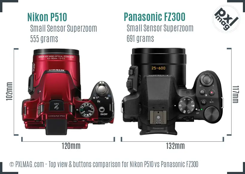 Nikon P510 vs Panasonic FZ300 top view buttons comparison