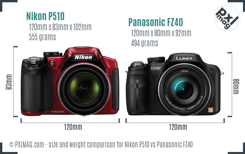 Nikon P510 vs Panasonic FZ40 size comparison