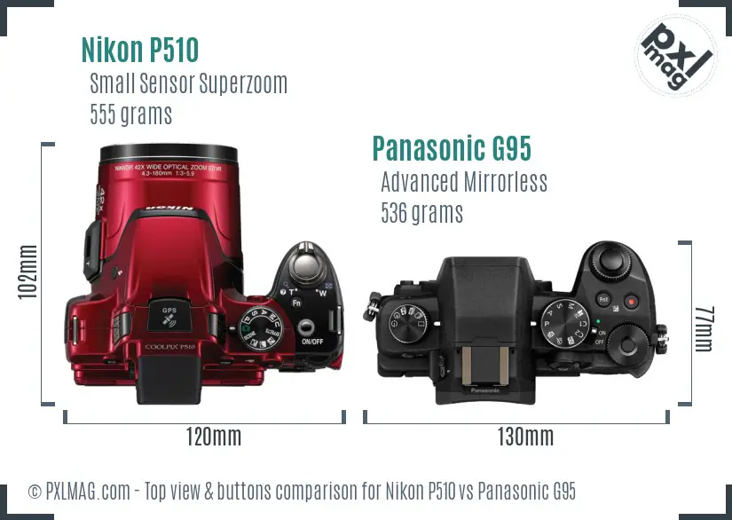 Nikon P510 vs Panasonic G95 top view buttons comparison