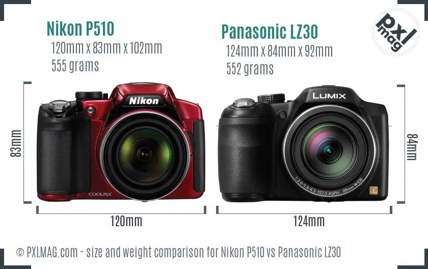 Nikon P510 vs Panasonic LZ30 size comparison Nikon P510 vs Panasonic LZ30 size comparison