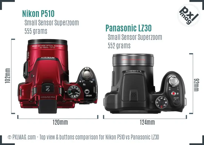 Nikon P510 vs Panasonic LZ30 top view buttons comparison Nikon P510 vs Panasonic LZ30 top view buttons comparison