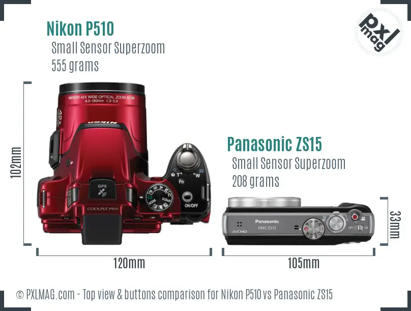 Nikon P510 vs Panasonic ZS15 top view buttons comparison
