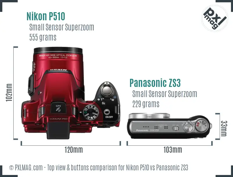 Nikon P510 vs Panasonic ZS3 top view buttons comparison