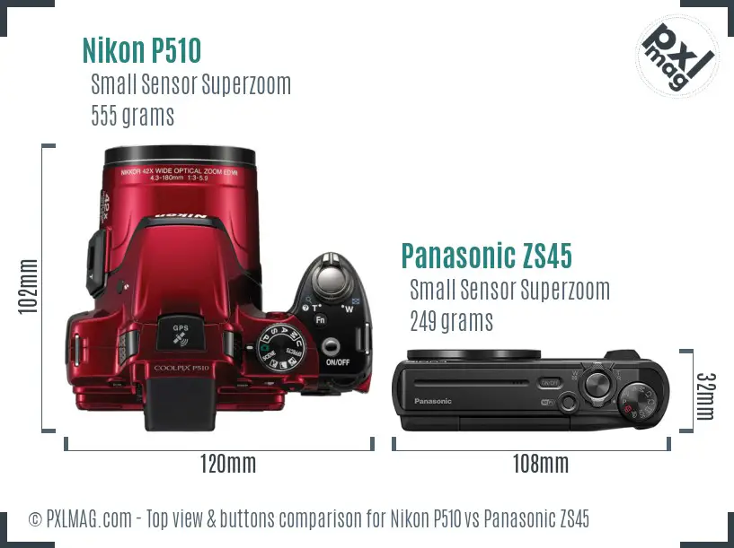 Nikon P510 vs Panasonic ZS45 top view buttons comparison