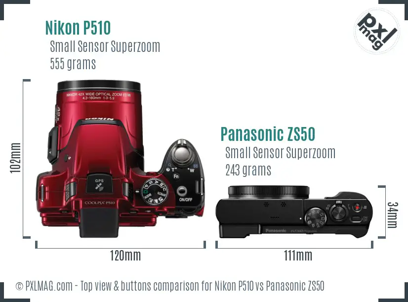 Nikon P510 vs Panasonic ZS50 top view buttons comparison