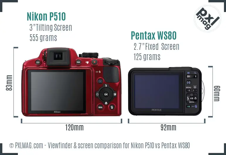 Nikon P510 vs Pentax WS80 Screen and Viewfinder comparison