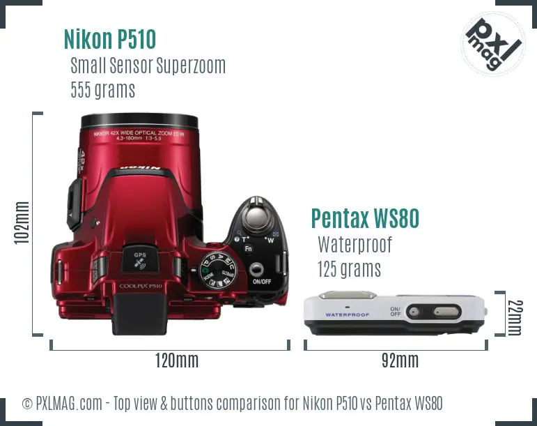 Nikon P510 vs Pentax WS80 top view buttons comparison