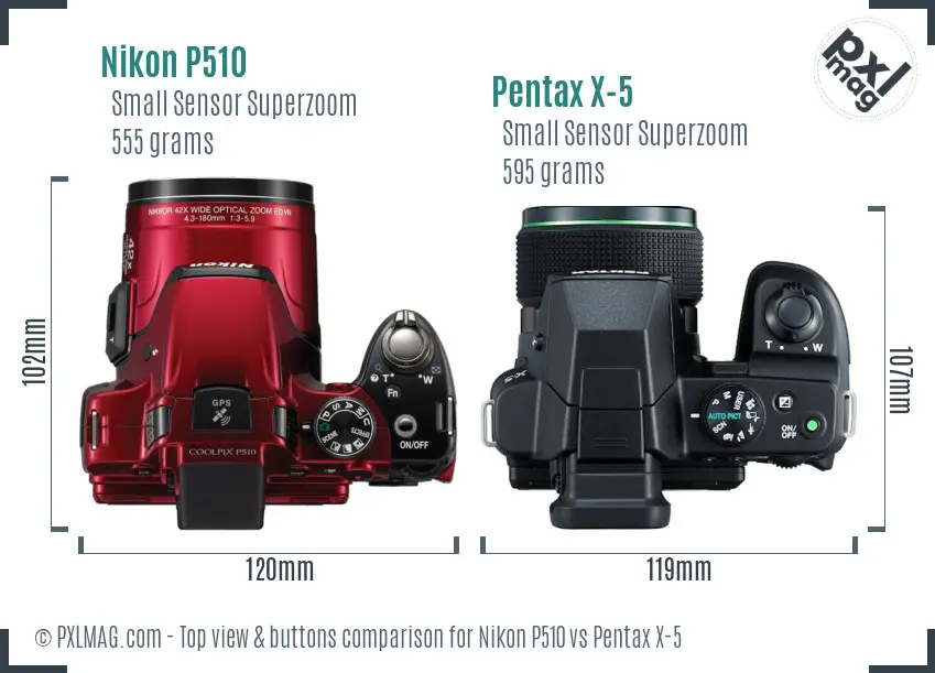 Nikon P510 vs Pentax X-5 top view buttons comparison