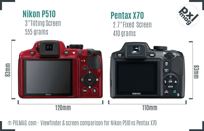 Nikon P510 vs Pentax X70 Screen and Viewfinder comparison