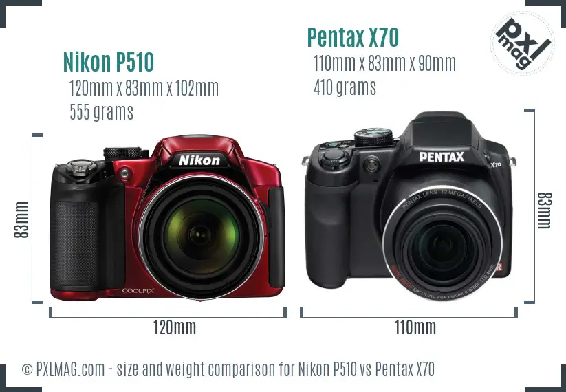 Nikon P510 vs Pentax X70 size comparison