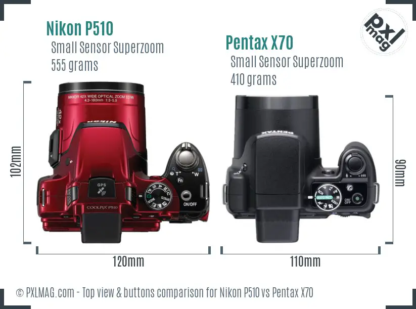 Nikon P510 vs Pentax X70 top view buttons comparison