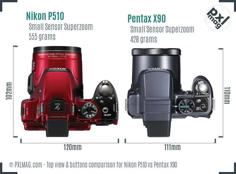 Nikon P510 vs Pentax X90 top view buttons comparison