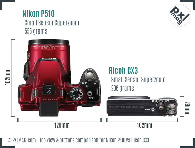 Nikon P510 vs Ricoh CX3 top view buttons comparison Nikon P510 vs Ricoh CX3 top view buttons comparison