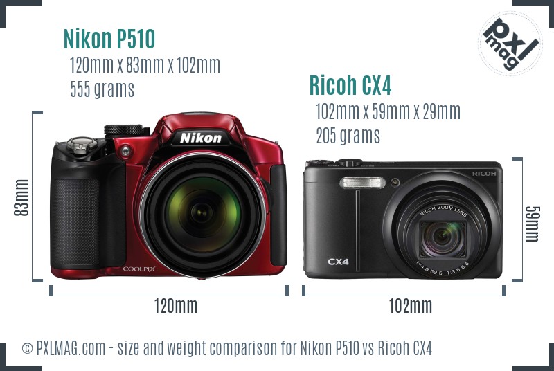Nikon P510 vs Ricoh CX4 size comparison