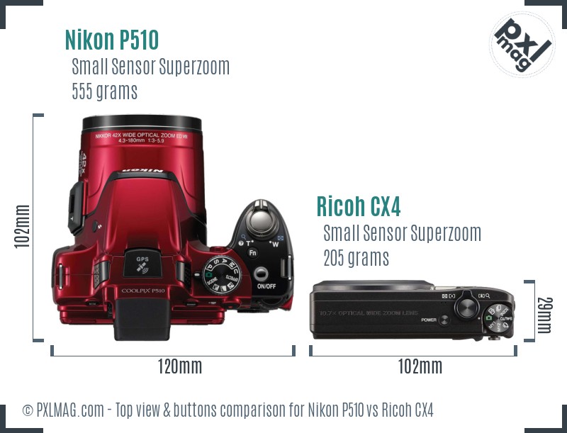 Nikon P510 vs Ricoh CX4 top view buttons comparison