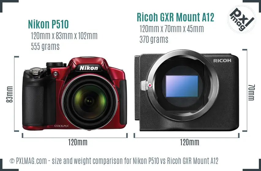 Nikon P510 vs Ricoh GXR Mount A12 size comparison
