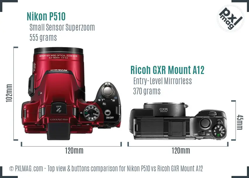 Nikon P510 vs Ricoh GXR Mount A12 top view buttons comparison