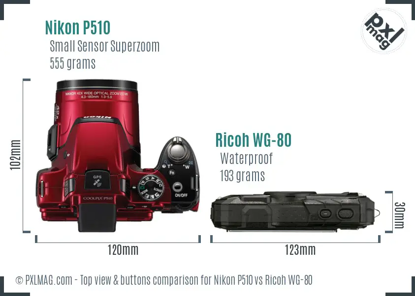 Nikon P510 vs Ricoh WG-80 top view buttons comparison Nikon P510 vs Ricoh WG-80 top view buttons comparison