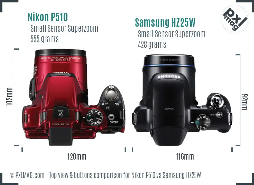 Nikon P510 vs Samsung HZ25W top view buttons comparison