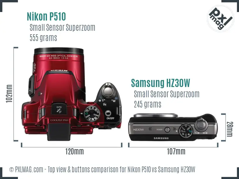 Nikon P510 vs Samsung HZ30W top view buttons comparison