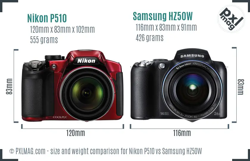 Nikon P510 vs Samsung HZ50W size comparison Nikon P510 vs Samsung HZ50W size comparison