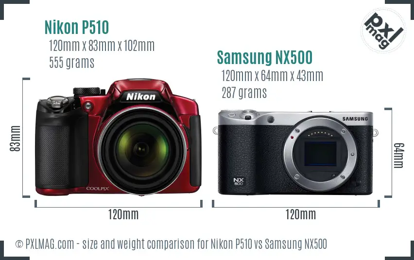Nikon P510 vs Samsung NX500 size comparison Nikon P510 vs Samsung NX500 size comparison